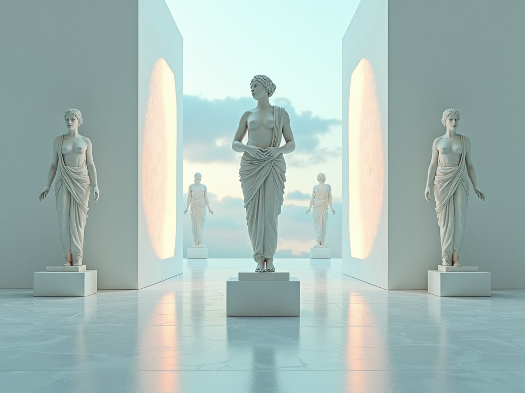 The image depicts a modern art gallery featuring classical Greek-style sculptures. In the center stands a prominent statue of a woman, elegantly draped in flowing garments. Surrounding her are four additional sculptures, creating a symmetrical layout. Large light openings behind the sculptures illuminate the space with a soft glow, enhancing the serene atmosphere. The color palette is dominated by whites and soft blues, giving a tranquil and refined feel to the gallery setting.