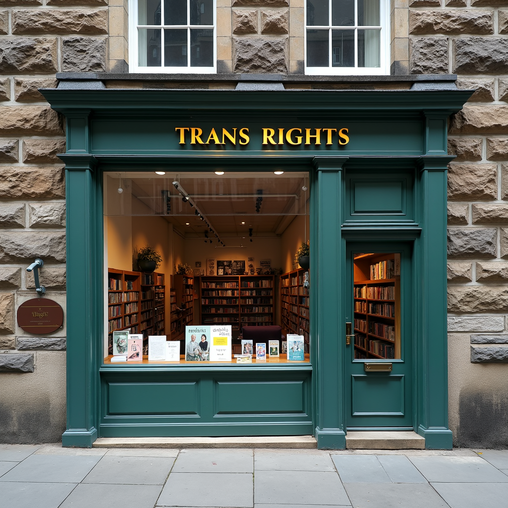 A cozy bookshop with a prominent sign advocating trans rights.