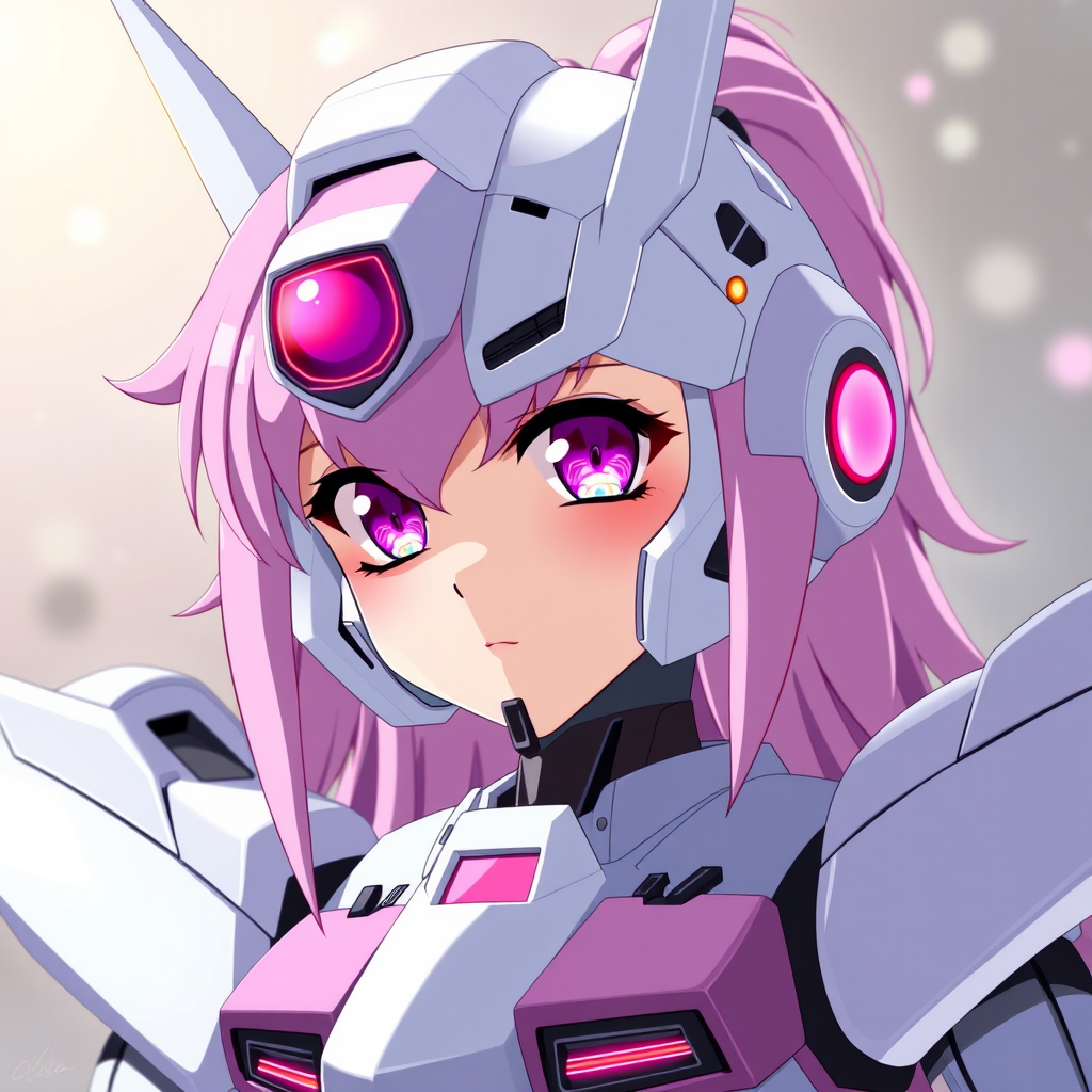 A vibrant anime-style character in futuristic armor with pink hair and glowing eyes.