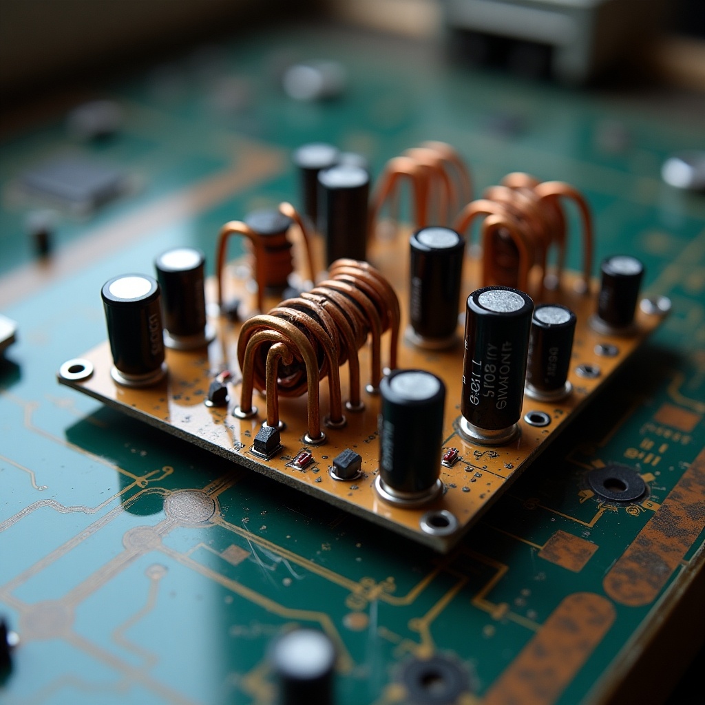 The image depicts a Colpitts oscillator capable of oscillating up to 5GHz. It features a varactor that is tuned using a sawtooth input signal. The circuit board displays several capacitors and coils, characteristic of a high-frequency oscillator. This oscillator is useful in various electronic applications, especially in telecommunications. Attention to detail is evident, showcasing the intricate connections and components.