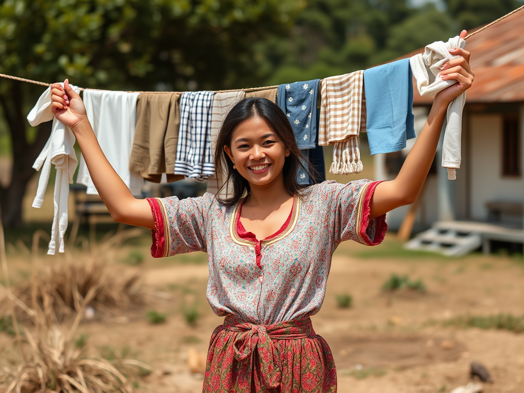 A woman joyfully holds up a clothesline with colorful laundry in a sunny outdoor setting.