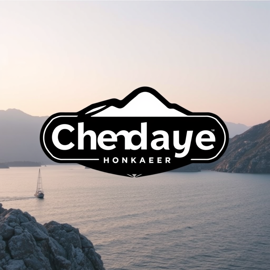 A tranquil coastal landscape at sunset with a logo of 'Chedaye Honkaeer' superimposed over the scene.