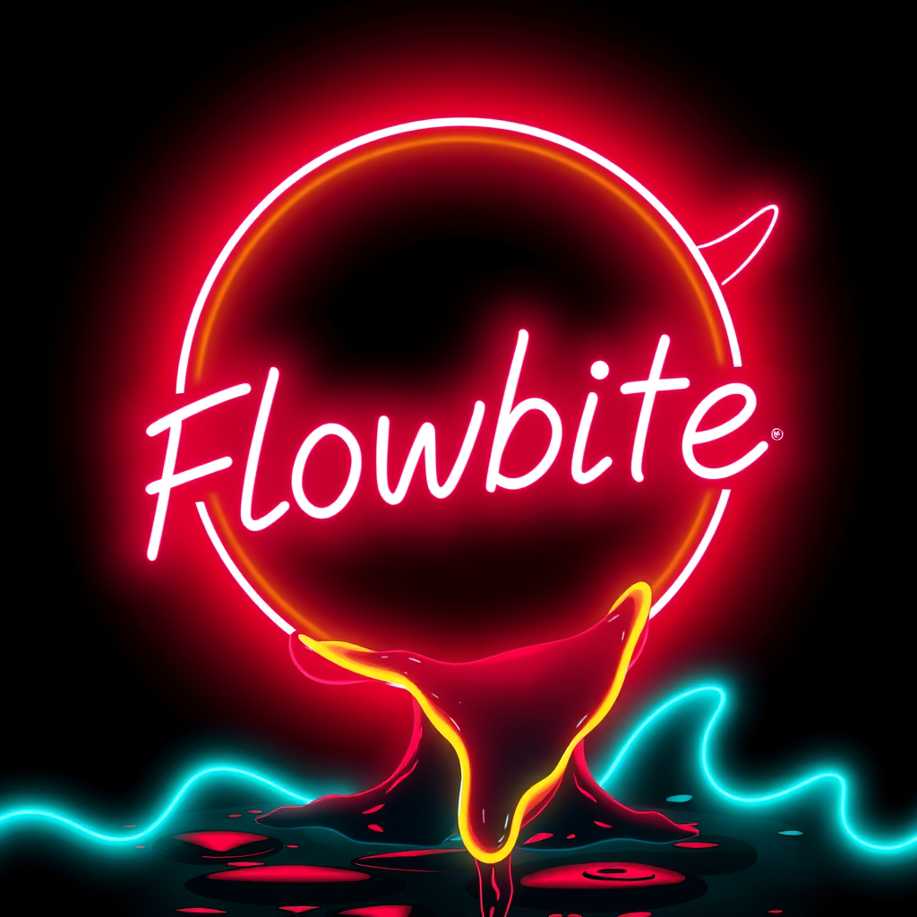 Neon word 'Flowbite' appears with glowing red and blue liquid shapes against a black background.