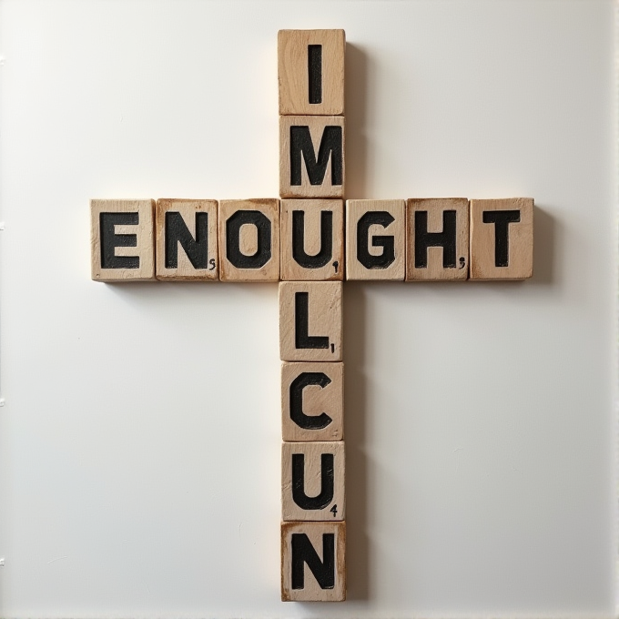 Wooden Scrabble tiles arranged in a cross shape spell 'IM' vertically and 'ENOUGH' horizontally.