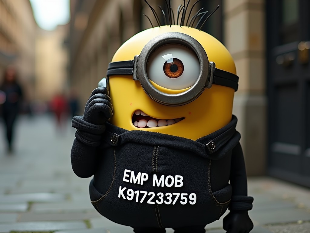 A playful yellow character with a large single eye stands on a bustling city street. The character is wearing a black hoodie adorned with the text 'EMP MOB K917233759'. Its cheeky smile and stance suggest a sense of mischief as it holds a small device to its ear, invoking the appearance of a phone call. The background is slightly blurred, drawing focus to the animated figure.