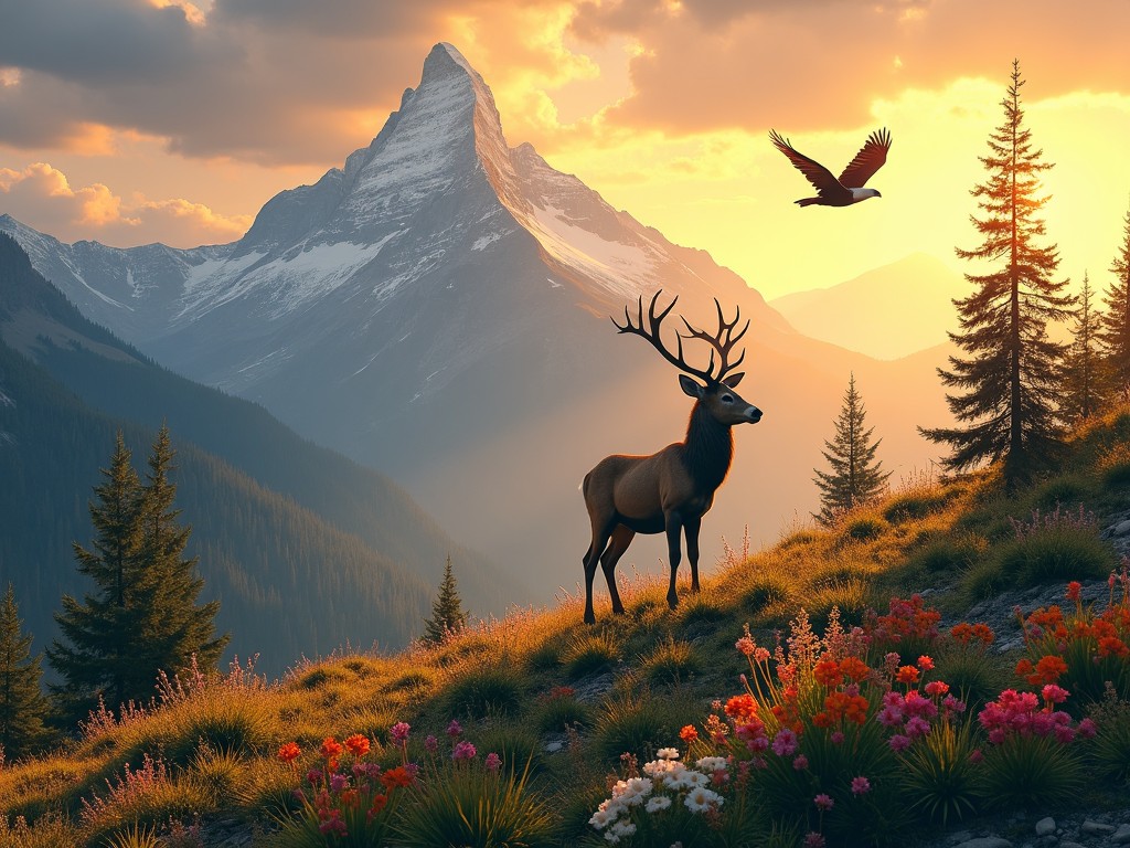 A majestic stag stands atop a mountain ridge during a vibrant sunset, with a bird soaring above and a spectacular mountain peak in the background. The scene is filled with lush greenery and colorful flora.