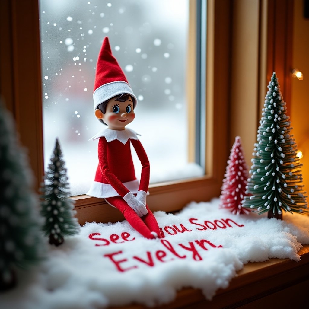 The image features a charming Elf on the Shelf positioned by a window. The elf, dressed in a bright red outfit with a white collar and skirt, is seated on a fluffy snow-like blanket. In the snow, the words 'See you Soon Evelyn' are written. Outside the window, soft snowflakes fall, enhancing the holiday spirit. Small, decorative Christmas trees border the elf, adding to the festive atmosphere. The warm lighting creates a cozy feel, inviting viewers into a magical winter scene.