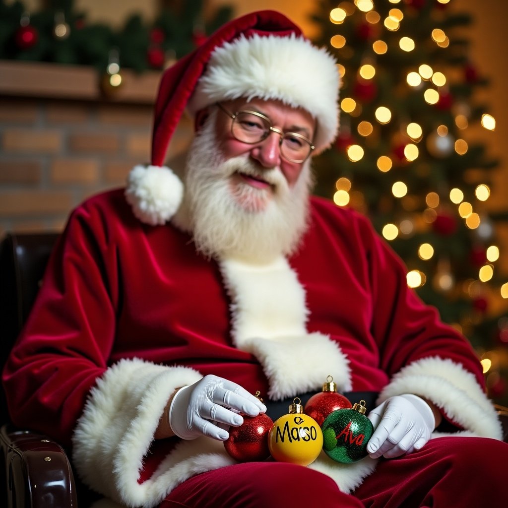 Image of Santa Claus in a cozy setting. He wears a classic red suit and a white beard. Santa writes names on colorful baubles. Background features a decorated Christmas tree. The atmosphere feels warm and festive.