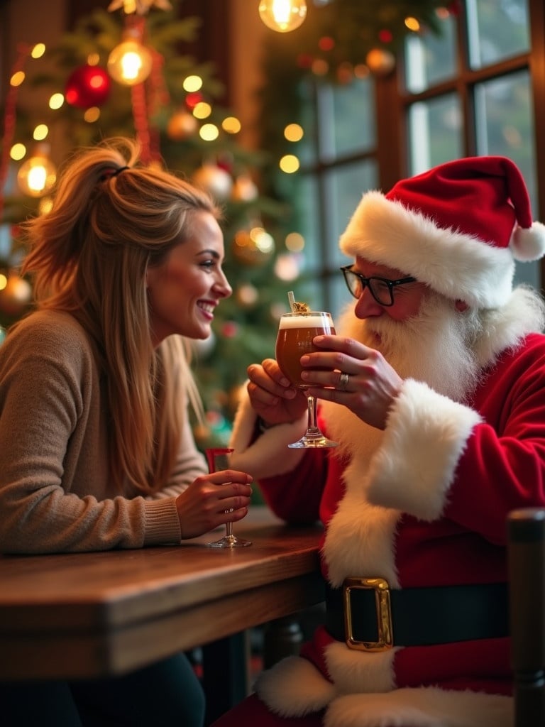 Feminine figure enjoys drinks with Santa Claus. Festive setting with Christmas decorations. Cozy atmosphere. Holiday spirit is vibrant.