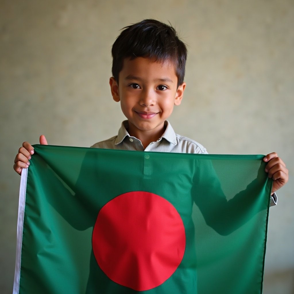 A young boy holds the Flag of Bangladesh. The flag features a green field with a red circle in the center.