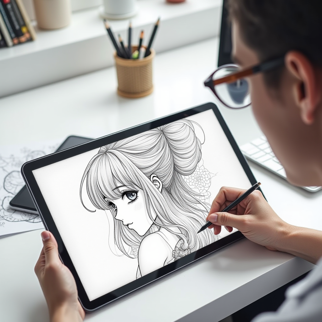 A person sketches an intricate manga-style portrait on a digital tablet using a stylus, surrounded by drawing tools and a modern workspace.