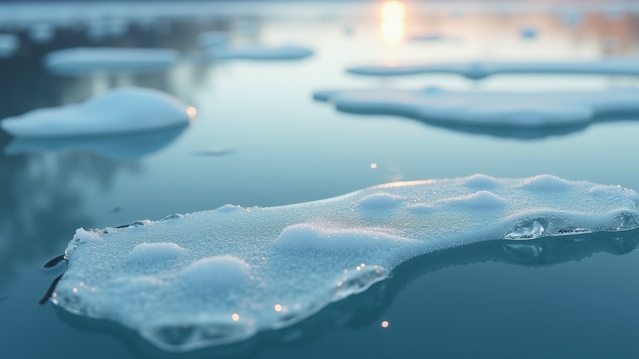 This image captures a cinematic close-up of a thin ice surface on a river, showcasing intricate details and textures. The ice is partially transparent, with bubbles frozen within, creating a rich visual effect. Soft natural light reflects off the water, enhancing the serene atmosphere. The colors are cool, predominantly blues and whites, creating a calming effect. This stunning shot of ice could serve various purposes, from educational content to artistic representations of winter landscapes.