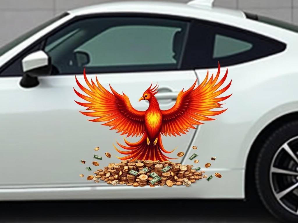 Imagine a striking car decal featuring a majestic phoenix rising from a pile of coins and currency. The phoenix's wings are fully spread, glowing with intense shades of orange and red flames, symbolizing renewal and strength. Around the base, coins and notes are falling in a circular motion, adding a sense of movement and prosperity. The background is subtle and minimal, ensuring the phoenix remains the focal point of the design. The decal should be vibrant yet elegant, fitting perfectly on the side of a vehicle, showcasing flair and fortune.