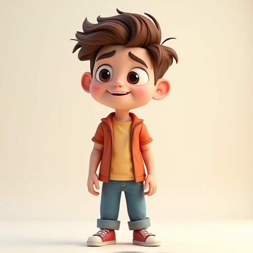 3D cartoon character is a teenage boy. The character has a cheerful and relaxed expression. The boy wears casual clothing including an orange jacket and jeans. The character stands in a simple pose against a neutral background.