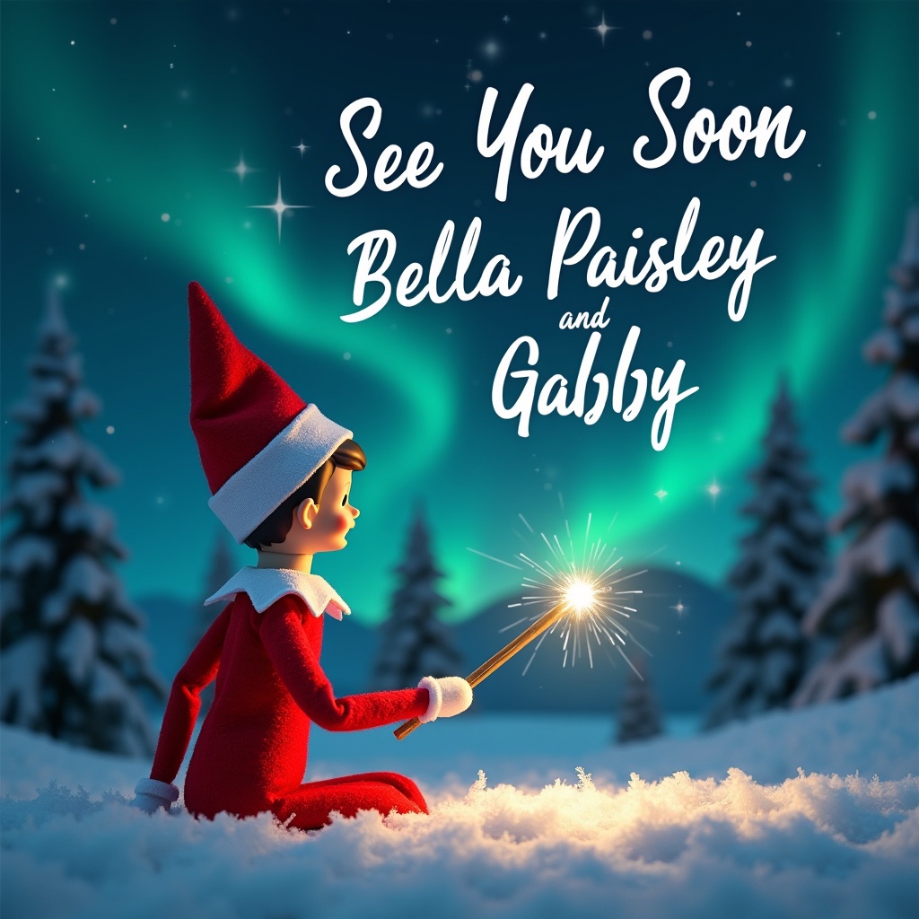 Elf on the shelf with back facing the viewer writing in the sky. Magical Christmas scene with northern lights and Santa in the background. Elegant script of names in the sky using a magic wand.