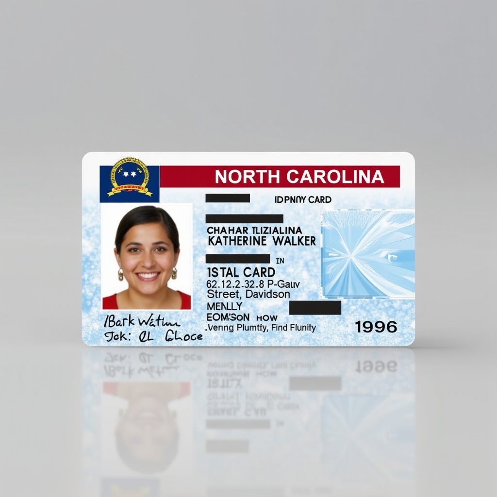 Design of a North Carolina identity card showing front and back. Features state seal, cardholder photo and details. Security elements include hologram and microprinting. Card dimensions follow standard size guidelines. Involves an accessible layout with readable fonts and a clear structure.