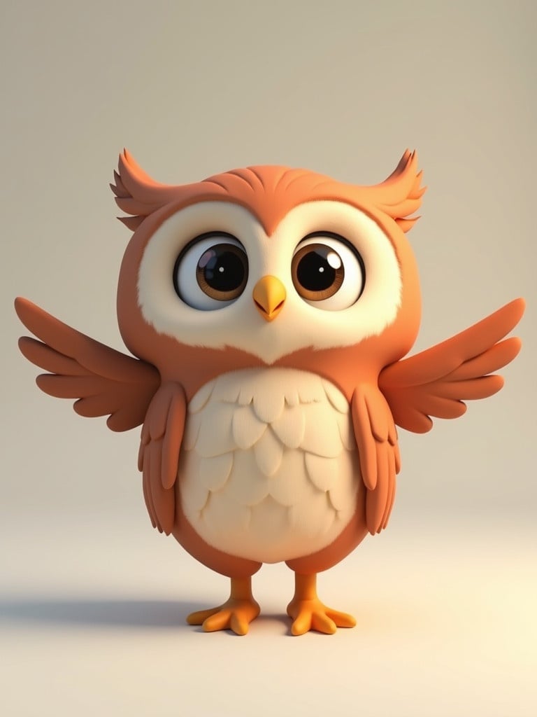 3D cute owl character designed in T-pose. Bright eyes look at viewers. Character has fluffy feathers and friendly expression. Arms are open wide. Perfect for children's illustrations.