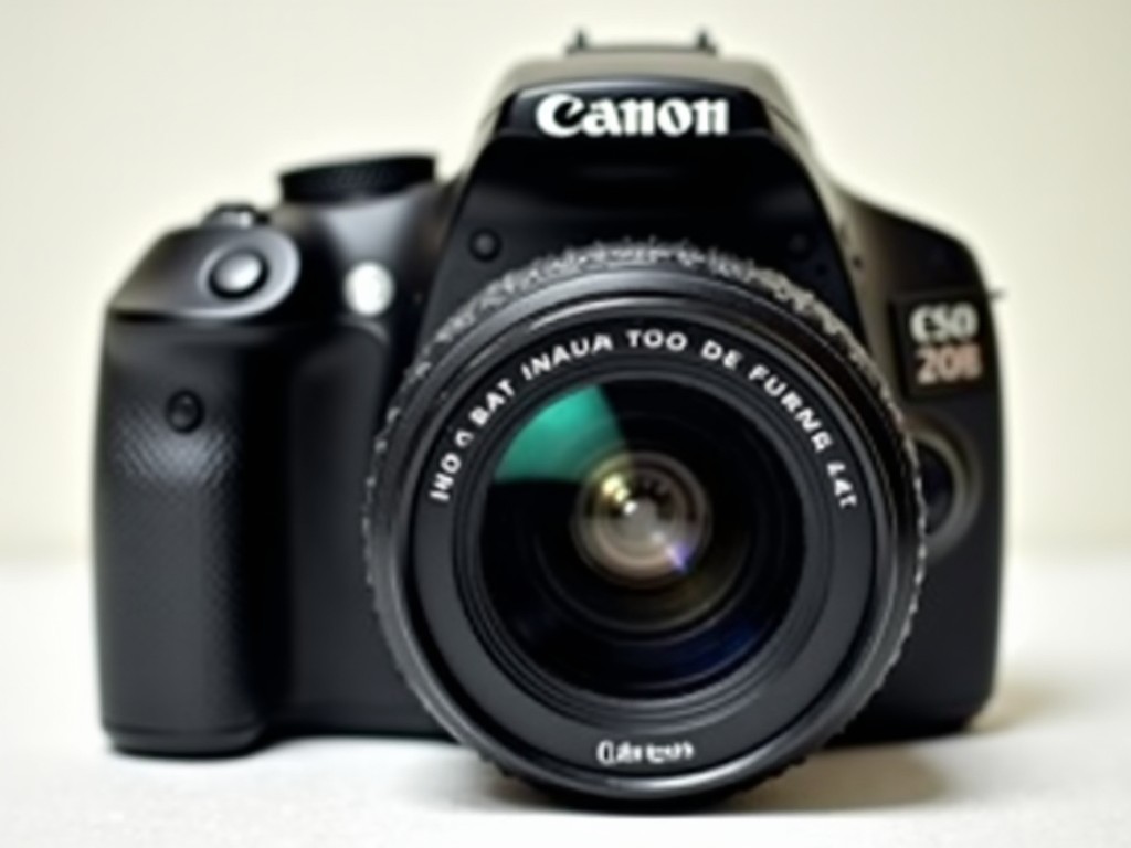 This image features a sleek Canon DSLR camera positioned prominently in the center. The camera showcases a black body with silver accents that enhance its professional look. The lens is visible and highlights the camera's potential for capturing high-quality images. Its neutral background ensures that the focus remains solely on the camera itself. This image appeals to both photography enthusiasts and professionals looking for quality equipment.