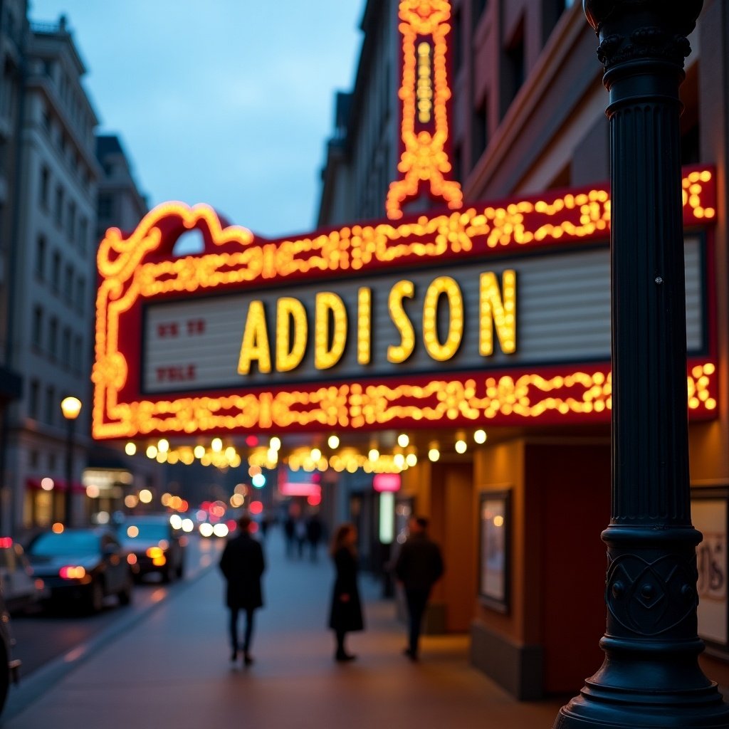 Street sign features 'Addison' and '03/29/2025' on a theater marquee.