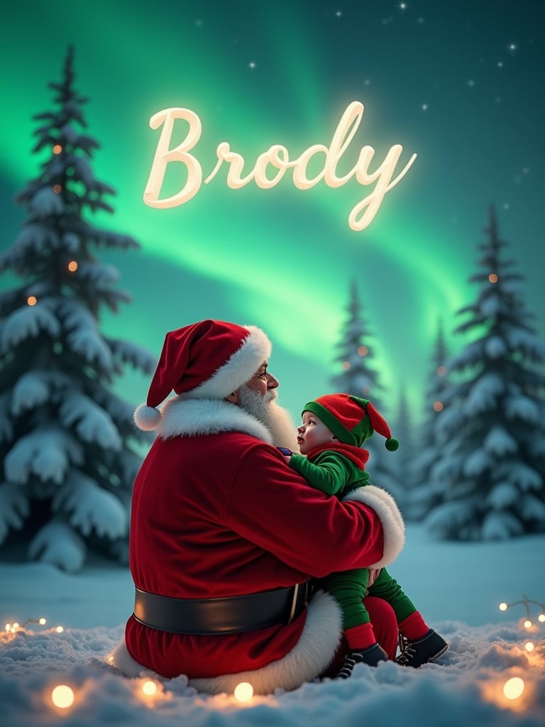 Scene portrays Santa holding a baby dressed in elf costume. Santa gazes upward, conjuring name 'Brody' in glowing script. Northern lights dance above, illuminating winter landscape with snow-covered trees and twinkling lights. Enchanting atmosphere evokes joy of the holiday season.