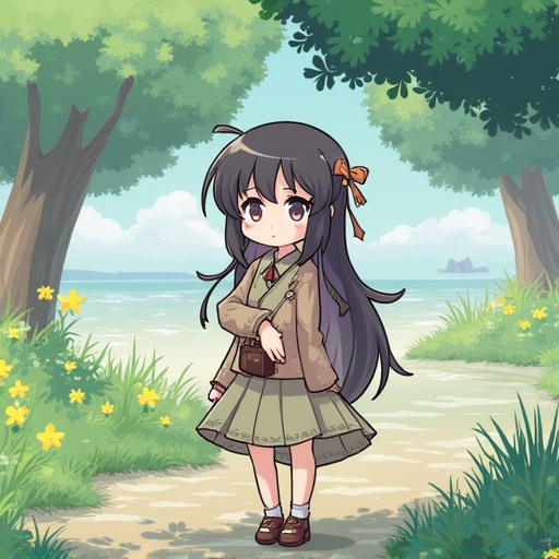 A cute anime girl standing on a path by a river surrounded by trees and flowers. She has long black hair and a ribbon. She wears a skirt and a sweater with a small bag.