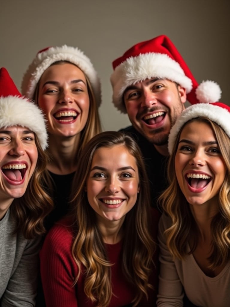 Photo captures joyful group during holiday season. Five individuals wearing Santa hats are smiling widely. Warm lighting creates inviting atmosphere. Background is neutral and emphasizes joyful expressions.