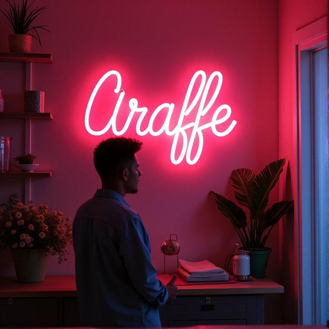 A man stands in a dimly lit room with a pink neon sign reading 'Giraffe' on the wall.