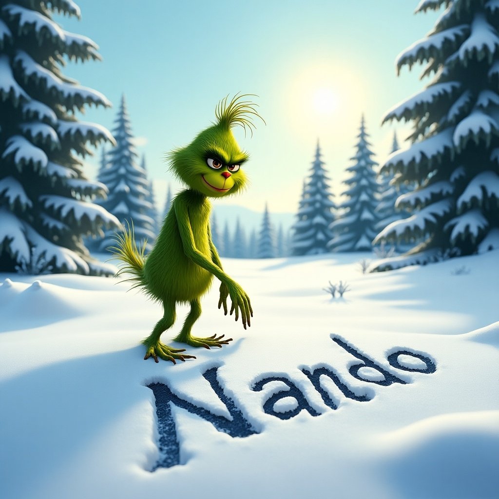 The Grinch character writing Nando in the snow during winter. Green character with a mischievous expression stands in snow. Trees in background. Sunlight adds warmth to winter scene.