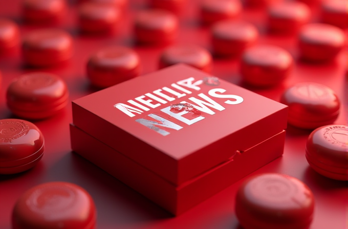 A red square box labeled 'MEDIA NEWS' is surrounded by red macarons.