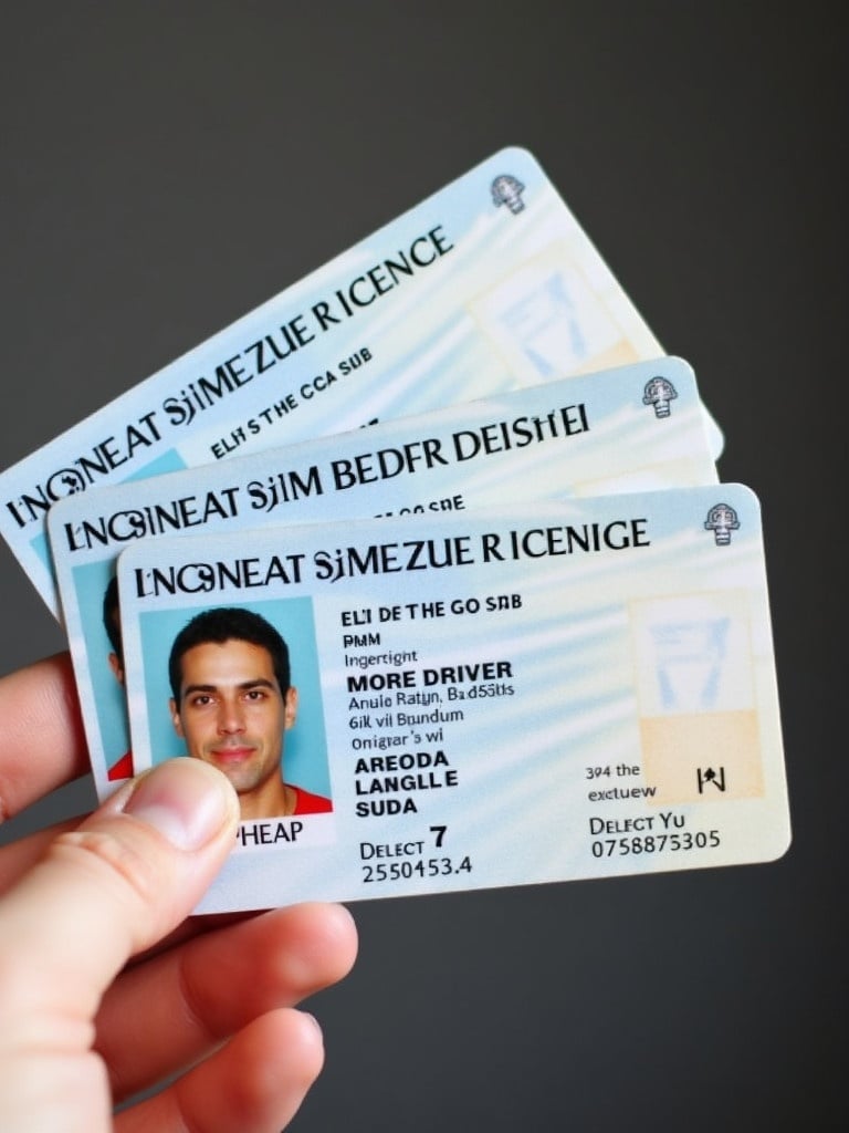 Three driver's licenses are displayed in a hand. Identification information is printed clearly on each license. The background is minimal to highlight the licenses. Showing the front and back of the licenses.