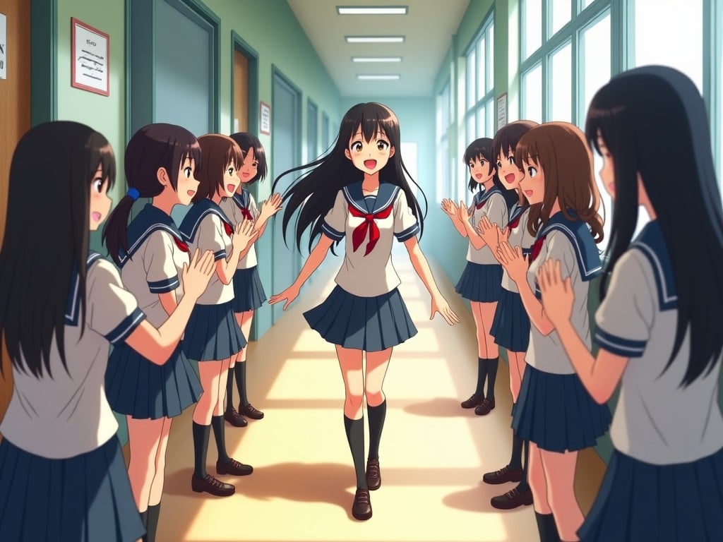 A group of anime-style school girls in uniform cheering on a friend walking down the school hallway, bright and happy atmosphere, digital art