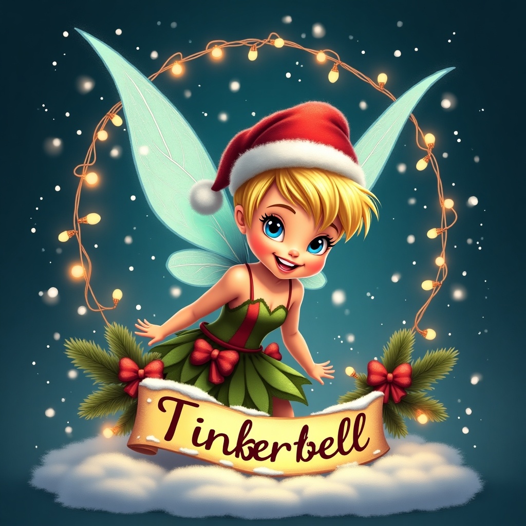 A Christmas-themed illustration featuring Tinkerbell. Bright and colorful scene with fairy lights and holiday decorations. Tinkerbell wears a Santa hat.