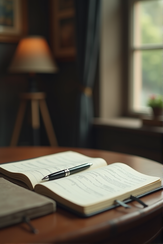 An open book with a pen rests on a wooden table near a soft-lit lamp and a window.