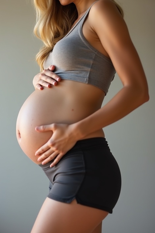 Photograph of a pregnant woman in profile showing large and round belly. She has a healthy athletic build. She is wearing a gray tank top and black shorts. Her hands are gently resting on her belly. Soft natural light enhances her figure. Focus on the beauty of pregnancy. The shoot is captured in ultra HD photorealistic style.