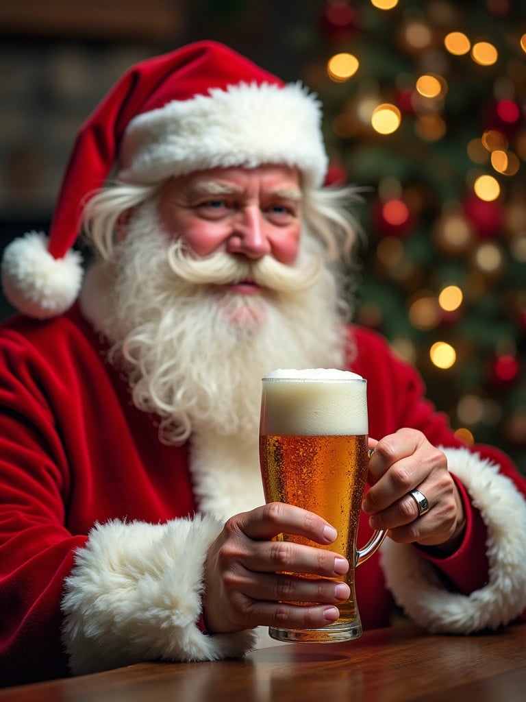 Santa Claus wearing a red costume with white fur holding a mug of beer. Christmas decorations in the background. Beer has foam on top. Holiday setting.