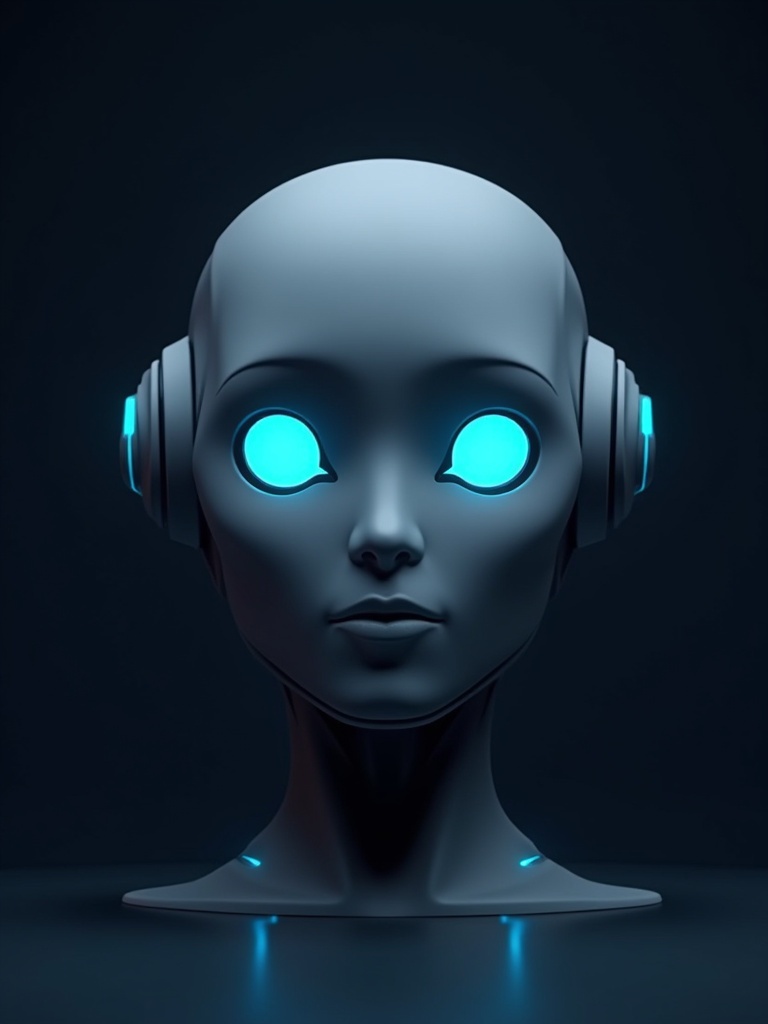 Futuristic minimalistic robot head against dark background. Glowing blue accents highlight advanced technology. Sleek design reflects reliability and friendly appearance. Modern metallic texture and clean lines emphasize AI concept.