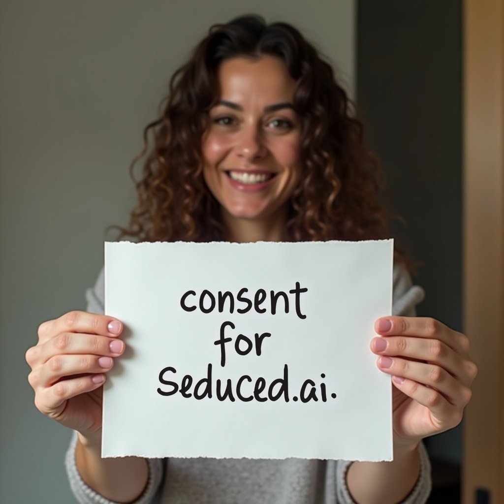 Person holds a paper with the handwritten message 'consent for seduced.ai' in a neutral indoor environment. Soft lighting enhances the personal feel. Arm and hand are visible, making the message clear. The individual appears welcoming and approachable.