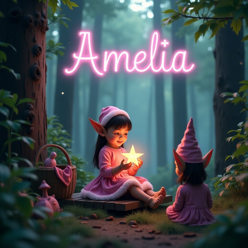 Magical forest with a young elf holding a glowing star. Lush greenery surrounds the scene. Tall trees with soft light filtering through. Bright whimsical name Amelia in the sky. Cozy basket and gnome enhance festivity.