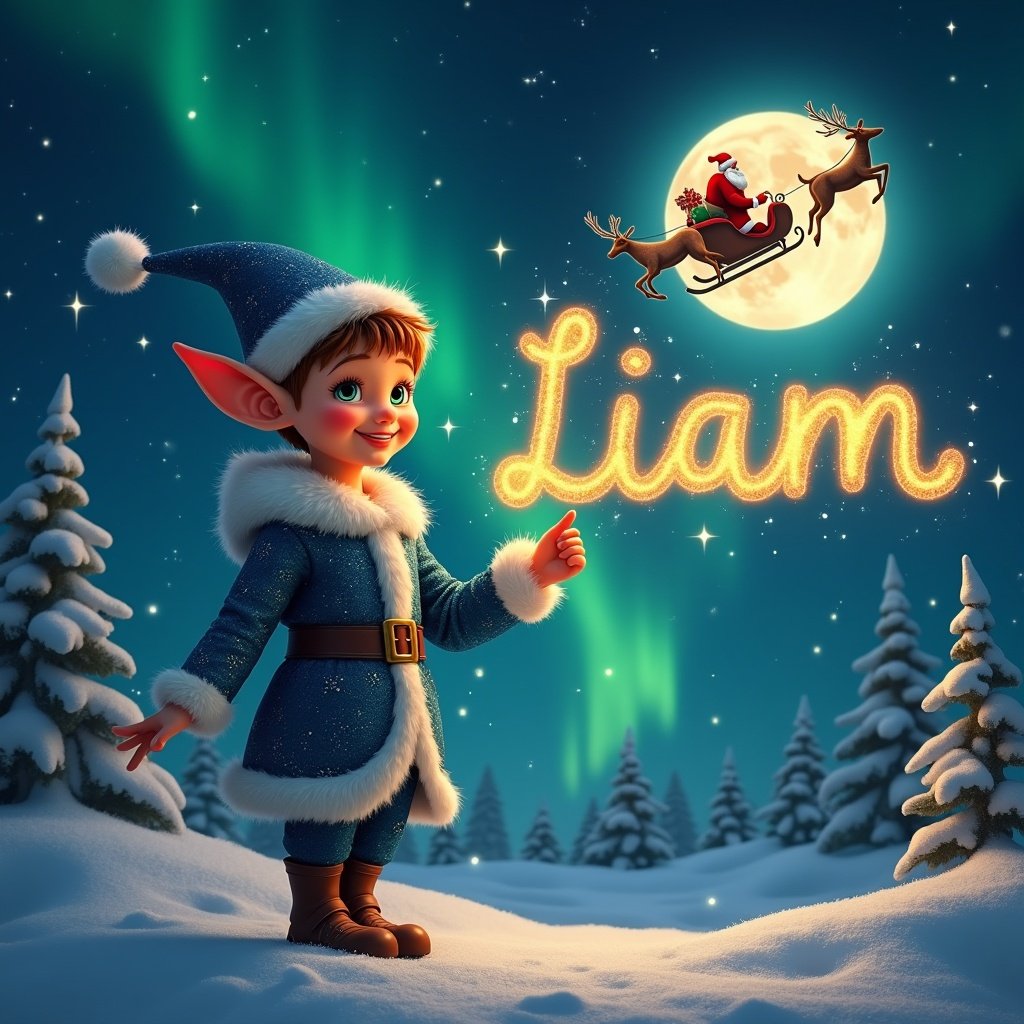 Elf with magic wand writes 'Liam' in night sky. Background features Christmas elements like Santa Claus and northern lights. Cozy and festive atmosphere.