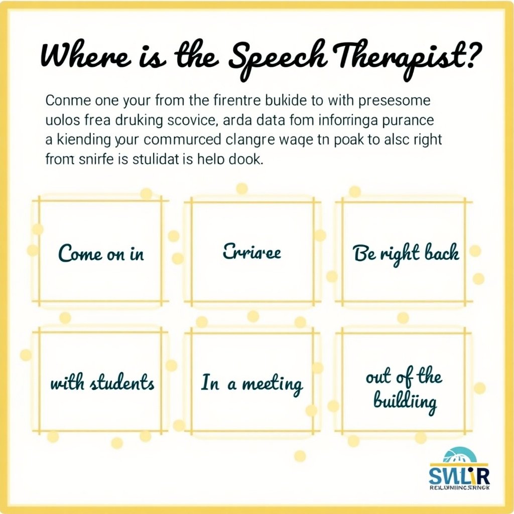 Six boxes depict different messages related to speech therapist availability. Messages include come on in be right back with students in a meeting and out of the building.