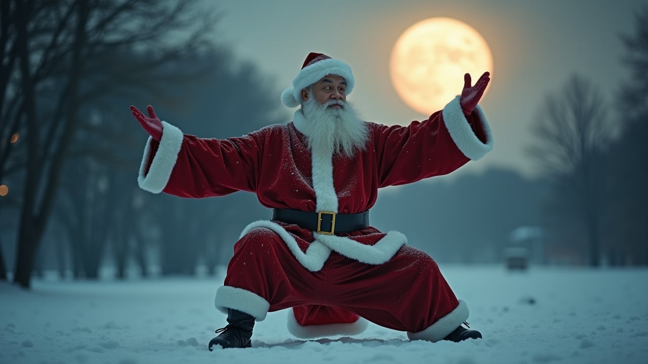 Cinematic image of Santa Claus performing Tai Chi Chuan gracefully in a snowy landscape under a bright moon. Captured in the magic hour with hyper-realistic detail.