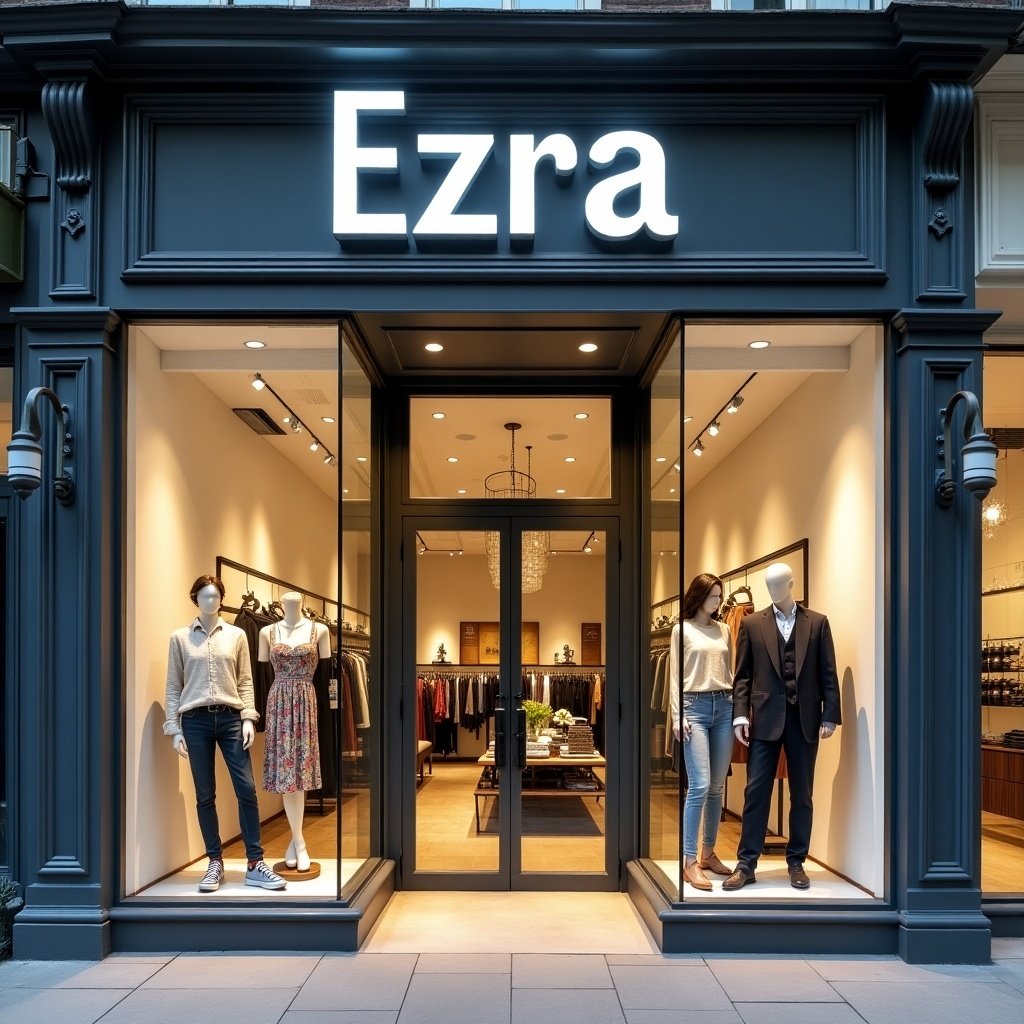 A front store named Ezra focused on men and women. Store features sleek design with display mannequins showcasing fashionable clothing for both genders. Bright lighting enhances the inviting appearance of the store.