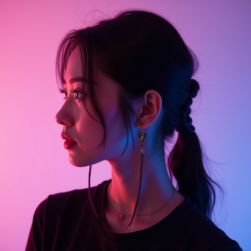 A woman's profile illuminated by vibrant pink and blue lighting.