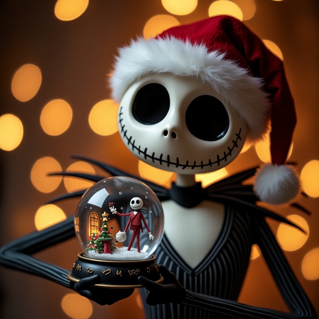 Jack Skellington character wearing a Christmas hat. Holding a snow globe. Warm bokeh lights in the background. Focus on character and ornament. Holiday theme.