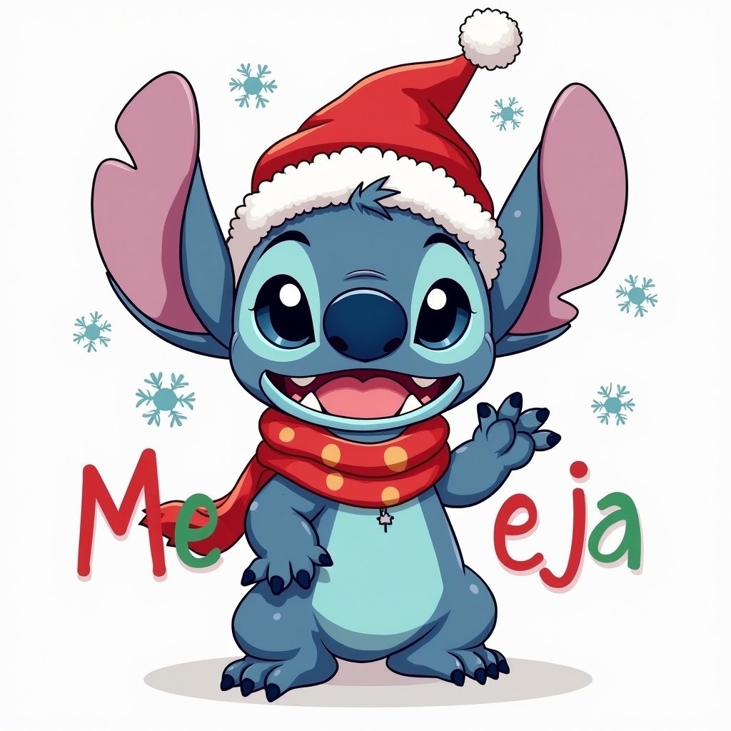 Drawing of Stitch character wearing a festive Christmas hat and scarf with cheerful expression. Snowflakes scattered around character. Colorful letters spelling 'Meja'.