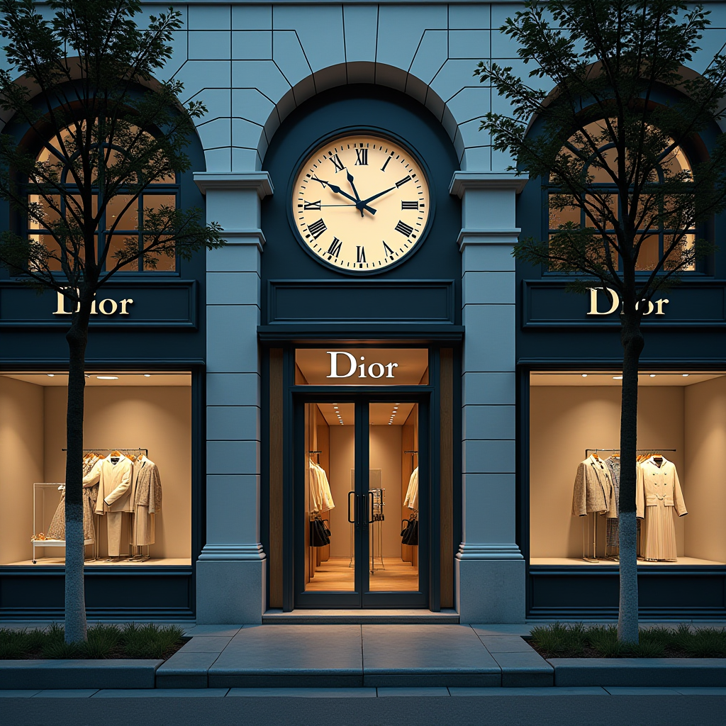 The image depicts the exterior of a Dior store, characterized by a classic and elegant facade. The building features large arched windows showcasing mannequins adorned in sophisticated clothing, likely representing high-end fashion pieces. Above the store entrance, there's a prominent clock with Roman numerals, adding a timeless and luxurious touch to the scene. Two slender trees flank the entrance, enhancing the upscale urban environment. The lighting inside the store is warm and inviting, contrasting with the cool tones of the building's exterior.