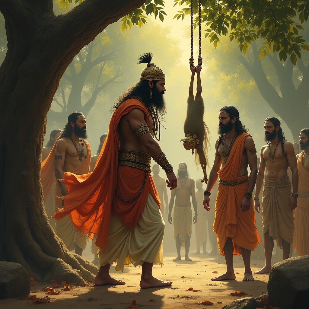 Depicts a powerful king from Indian folklore confronting a supernatural being hanging from a tree. The scene conveys a mystical atmosphere with characters in traditional attire.