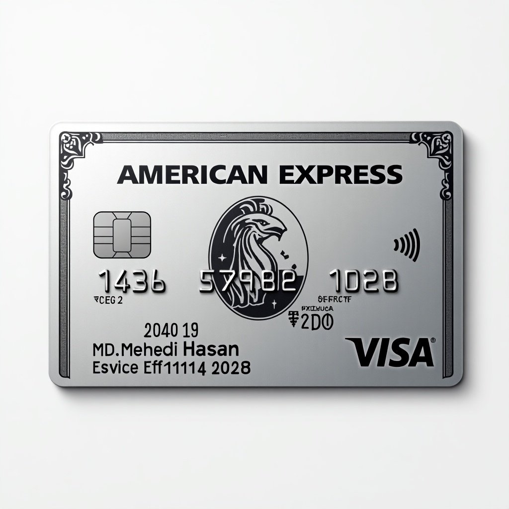 Realistic image of a platinum American Express credit card featuring the Visa logo. Cardholder name displayed is MD.Mehedi Hasan. Expiration date shows March 2028. The card has a silver background with bold black font exhibiting modern elegance.