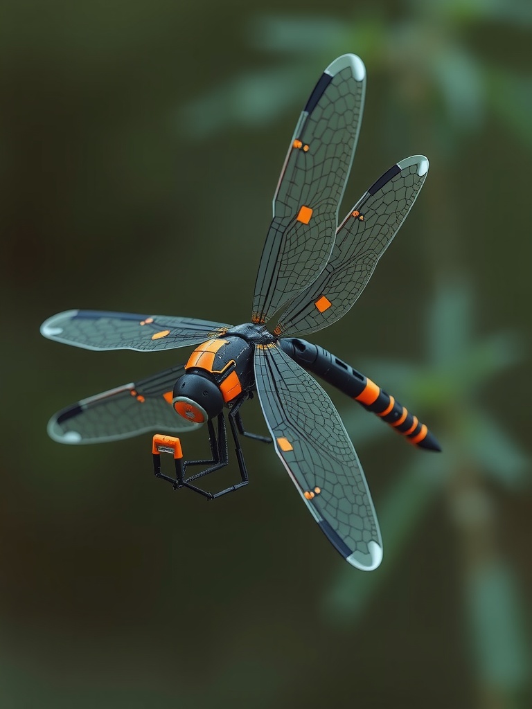 This image depicts a futuristic robotic dragonfly in mid-flight, featuring intricate details and sleek design elements. The dragonfly showcases a color scheme of black and orange, with mechanical parts simulating real wings and body structure. The background is a soft focus green, creating a natural setting, contrasting with the high-tech subject.