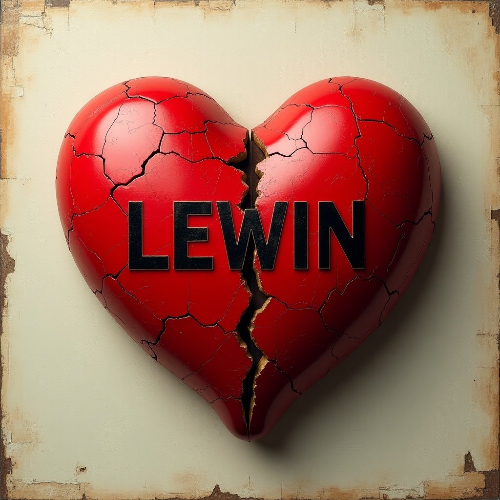 Image features a broken red heart. Name LEWIN is displayed prominently in black. Background has a simple, textured surface. The heart is cracked and damaged.